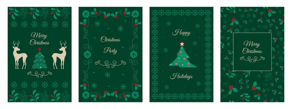 Noel kartları için evrensel şablonlar, selamlar ve çiçek çerçeveli kurumsal davetiyeler, geyik ve kutsal dallar. Vektör çizimi. Düz tasarım..