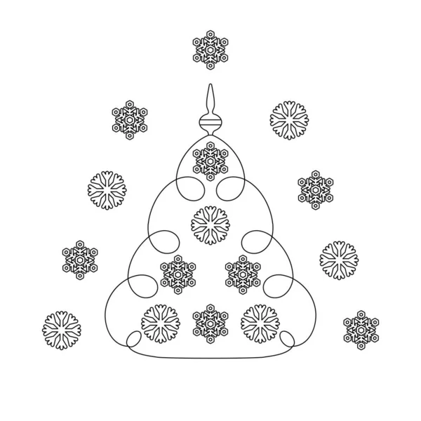 雪の結晶を持つクリスマスツリー 線画だ ベクトルイラスト 禅美術 抗ストレス着色 — ストックベクタ