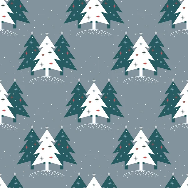 Dekoratif şekillendirilmiş Noel ağaçlarının kar tanesi süslemeleriyle vektör çizimi. Şablon. Kart.