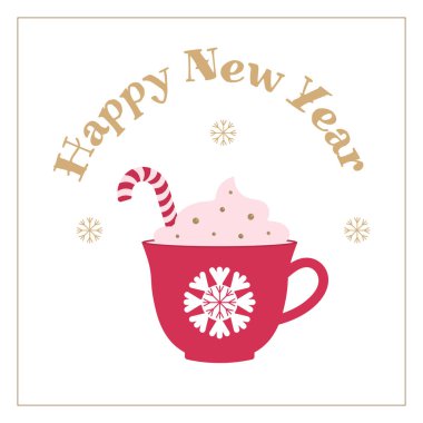 Bir fincan sıcak çikolata ya da kahve, latte, kremalı kapuçino ve karamel kamışı. Noel kartı, sezonluk dilekleri olan minimalist bir tarzda. Kartpostal şablonu, davetiyeler, tebrikler, basım.