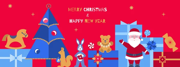 Mutlu Noeller ve Mutlu Yıllar tebrik kartının temsilcisi. Düz, geometrik tasarım Noel ağacı, oyuncaklar, hediyeler, tavşan. Tebrikler ve davetiyeler için şablon, afiş, poster.