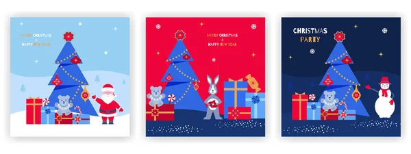 Mutlu Noeller ve yeni yıl tebrik kartı vektör illüstrasyonu, parti davetiyesi. Düz dizayn Noel ağacı, oyuncaklar, hediyeler. Tebrikler ve davetiyeler için şablon, afiş, poster.