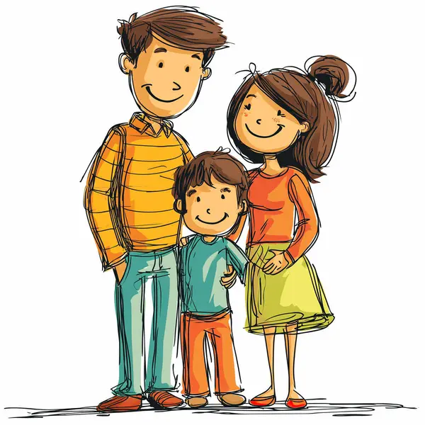A delightful cartoon illustration of a happy family, featuring vibrant colors and characterized by simple line drawings. The design is clean and uncomplicated, providing a charming and heartwarming depiction of familial bonds.