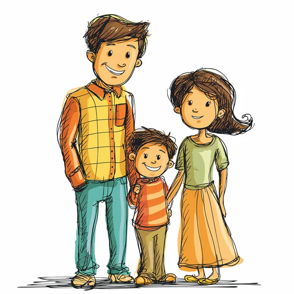 A delightful cartoon illustration of a happy family, featuring vibrant colors and characterized by simple line drawings. The design is clean and uncomplicated, providing a charming and heartwarming depiction of familial bonds.
