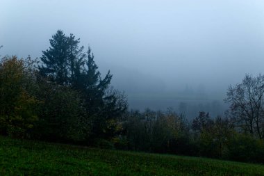 Fog outside the city on a cloudy autumn day in Bavaria. clipart