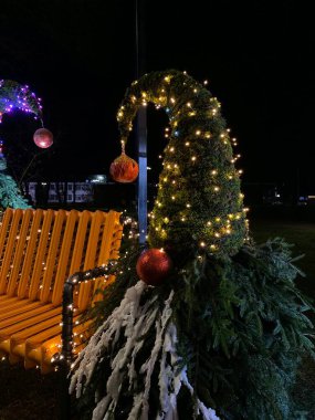 Fotoğrafta, ebedi yeşil dallardan yapılmış bir cüceye benzeyen şenlikli bir dekorasyon yer alıyor. Cüce, sicim ışıkları ve büyük kırmızı süslemelerle süslenir. Cücenin şapkası uzun ve kıvrımlı ayrıca ışıklarla süslenmiş ve ucunda kırmızı bir süs var. Th