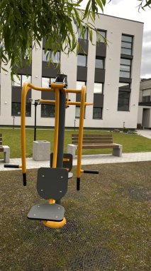 Açık hava jimnastik makinesi bir konut avlusuna kurulmuş. Göğüs ütüsü ve iniş istasyonunu birleştiriyor. Çocuk parkının yanında yer alan bu ekipman, yetişkinler ve şehir ortamlarındaki gençler için fiziksel aktiviteyi teşvik etmektedir. Bunun için uygun.
