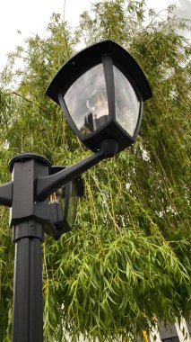 Metal direkli ve entegre ışıklandırmalı modern kentsel sokak lambası, yeşil yeşillik bir zemin ve çağdaş bir konut binasına karşı çekilmiş. Kompozisyon, kentsel altyapı, doğa ve