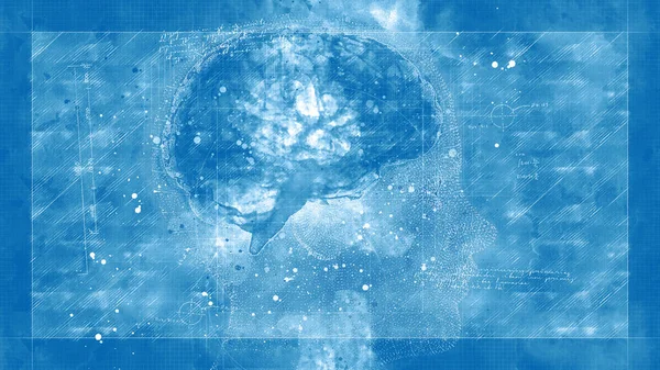 大脑研究 人物形象与大脑的关系 思想的潜在性 智力和智商技能 人工智能和机器人学 是的B 蓝图效果 — 图库照片