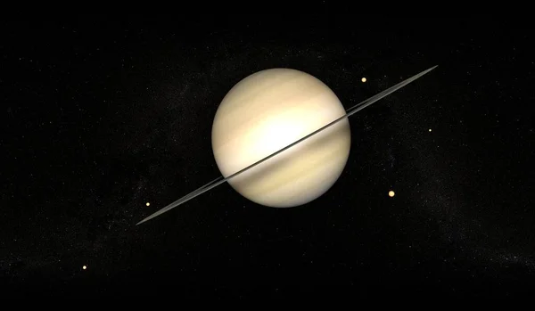 带着环和月亮的土星的景象 探索周围的星球 太阳系 3D渲染 此图像的元素由美国国家航空航天局提供 — 图库照片
