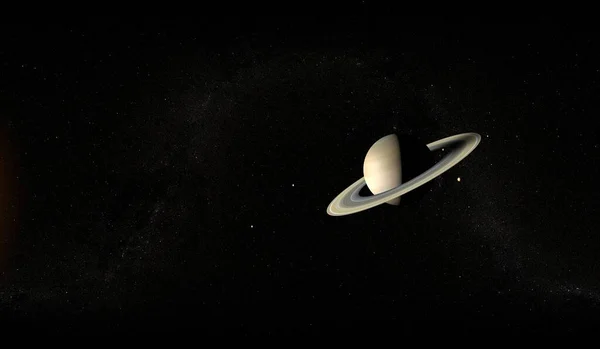 带着环和月亮的土星的景象 探索周围的星球 太阳系 3D渲染 此图像的元素由美国国家航空航天局提供 — 图库照片