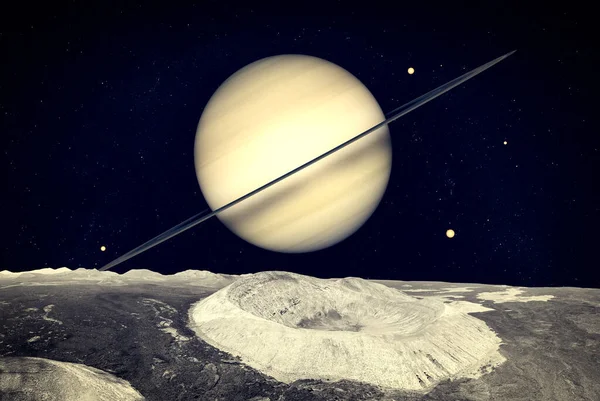 从其中一个卫星 陨石坑和岩石结构看土星 探索周围的星球 太阳系 3D渲染 此图像的元素由美国国家航空航天局提供 — 图库照片