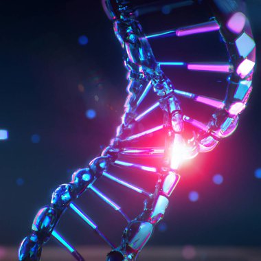 DNA sarmalları, Deoksiribonükleik asit, bilinen tüm canlı organizmaların gelişmesinde kullanılan genetik talimatları taşıyan iplik benzeri bir nükleotit zinciri. 3D görüntüleme. HUD, siber punk, fütürist