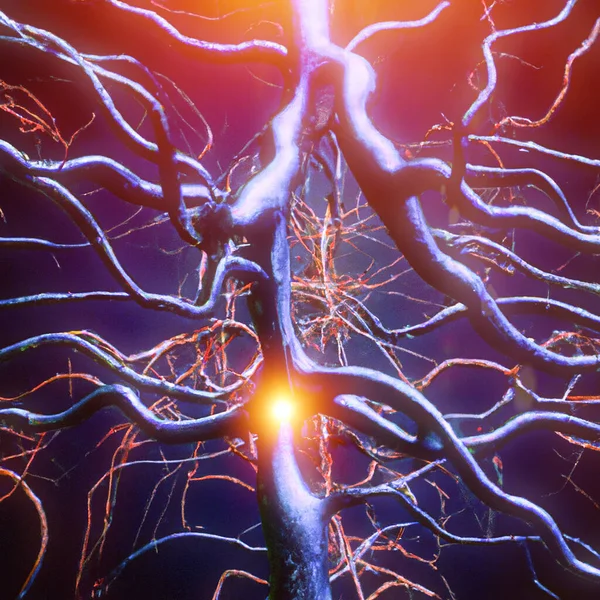 神经细胞的显微观察 大脑连接 交流和大脑刺激 神经网络电路变性疾病帕金森症老年痴呆症3D渲染 — 图库照片