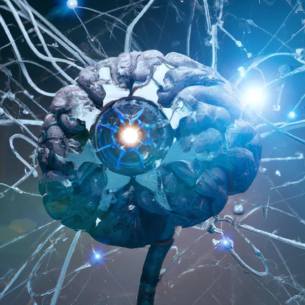Using Artificial Intelligence with brain implants. Intellectual enhancements. New boundaries of science and technology. Connection between neurons and synapses. 3d rendering