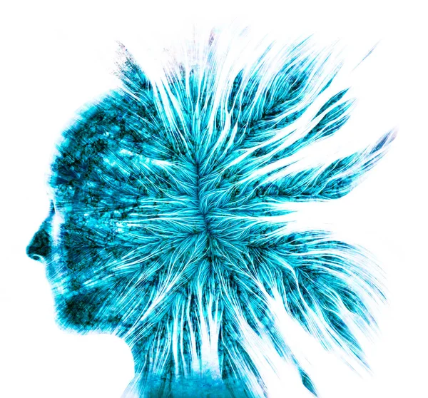 从侧面看到的脸大脑问题 变性疾病 双相情感障碍 双重性格 精神分裂症 思想和声音 云效应粒子 3D渲染 — 图库照片