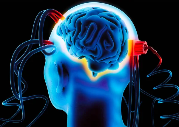 外部智力传递给大脑的人工智能 刺激和指令 人的头从后面看 神经元和突触 思想控制洗脑 3D渲染 — 图库照片