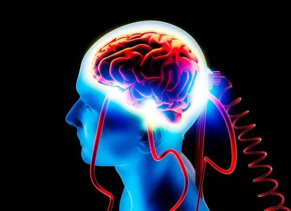 外部智力传递给大脑的人工智能 刺激和指令 从侧面看人头 神经元和突触 思想控制洗脑 3D渲染 — 图库照片