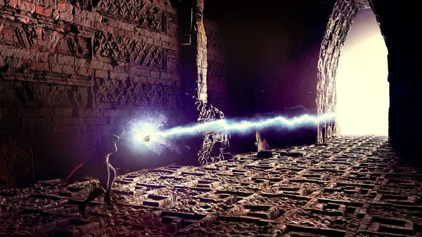 Sorceress casting a spell, freezing ray. Fantasy character opening a portal. Passage to another reality. Ruins of a lost civilization. 3d rendering