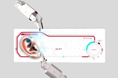 Robot kol ve şeffaf ekran. Hud. Kulak çalışması. İşitme sorunları ve çözümler. Ultrason. Sağırlık. Yaşlanma ve işitme kaybı. 3D görüntüleme. Duyma duyusu