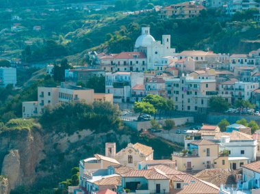 Aerial view of Pizzo Calabro, castle, Calabria, tourism Italy. Panoramic view of the small town of Pizzo Calabro by the sea. Houses on the rock. 08-30-2022. On the cliff stands the Convento S. Francesco Di Paola. Murat, aragonese castle clipart