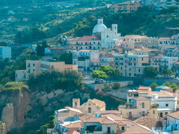 Aerial view of Pizzo Calabro, castle, Calabria, tourism Italy. Panoramic view of the small town of Pizzo Calabro by the sea. Houses on the rock. 08-30-2022. On the cliff stands the Convento S. Francesco Di Paola. Murat, aragonese castle