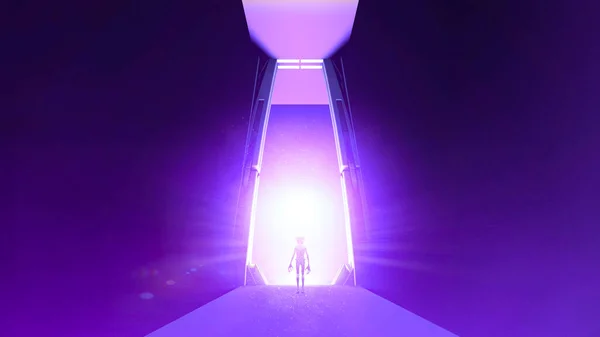 Portal with other worlds, alien spaceship. Door to other dimensions. Contacts with extraterrestrial civilizations. UFO. Alien. Martian. Alternate worlds. Sci-fi. 3d rendering