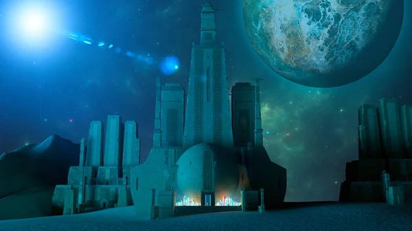 Fantasy landscape, explorer and archaeologist. Ancient civilizations, secrets and mysteries. Discoveries of buildings. Archeology. Adventure. New worlds, exoplanet. Other dimensions. 3d rendering