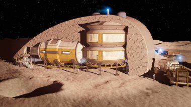 Lunar base, spatial outpost. First settlement on the moon. Space missions. Living modules for the conquest of space in the lunar subsoil. 3d rendering. Moon soil. Lunar ark. Lava tube, regolith. Cryo preservation module.