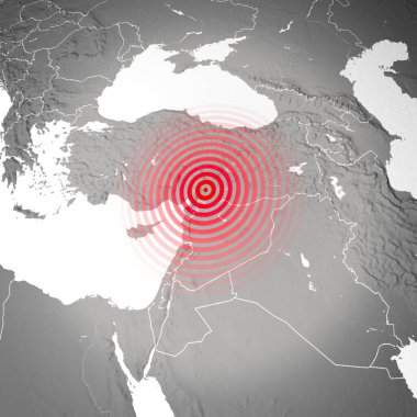 Earthquake map in Turkey and Syria, shake, elements of this image are furnished by NASA. Land struck by a strong earthquake magnitude. 7.8-Magnitude Earthquake Strikes Turkey, 3d rendering