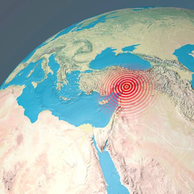 Earthquake map in Turkey and Syria, shake, elements of this image are furnished by NASA. Land struck by a strong earthquake magnitude. 7.8-Magnitude Earthquake Strikes Turkey, 3d rendering