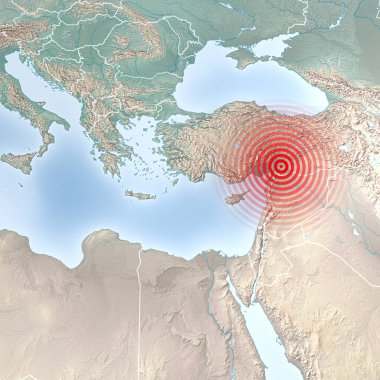 Earthquake map in Turkey and Syria, shake, elements of this image are furnished by NASA. Land struck by a strong earthquake magnitude. 7.8-Magnitude Earthquake Strikes Turkey, 3d rendering