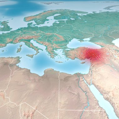 Earthquake map in Turkey and Syria, shake, elements of this image are furnished by NASA. Land struck by a strong earthquake magnitude. 7.8-Magnitude Earthquake Strikes Turkey, 3d rendering