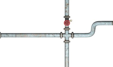 Plumbing pipes for gas supply, pipe parts with knob to control gas flow and shut off, 3d rendering