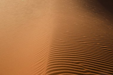 Sahra Çölü 'ndeki kum tepeleri, Merzouga Çölü, kum tepelerinde küçük dalgalar oluşturan kum taneleri, panoramik manzara. Güneş batıyor. Fas