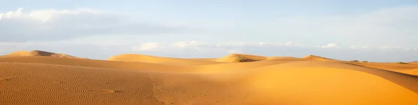 サハラ砂漠の砂丘 メルズーガ砂漠 砂丘の上に小さな波を形成する砂の粒 パノラマビュー 太陽を沈める モロッコ — ストック写真