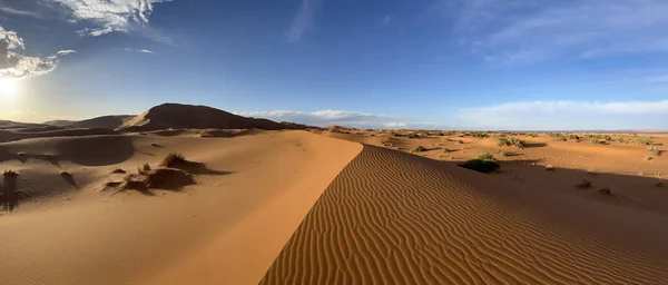 メルツーガ モロッコ アフリカ サハラ砂漠の砂丘のパノラマビュー 日没時に美しい砂丘で小さな波を形成する砂の粒 — ストック写真