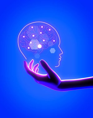 Profil ve beyinde stilize olmuş kafayla. Yapay zekanın yaratılması. Zihinsel yeteneklerin kontrolü. Robot ve sayborg programlama. 3d oluşturma