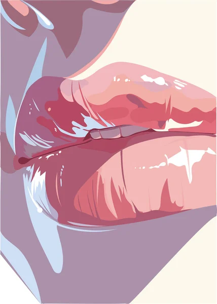 Weiblicher Mund Und Gesicht Detail Der Lippen Mit Lippenstift Glanzeffekt — Stockvektor