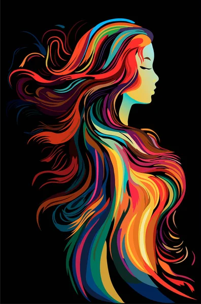 Silhouette Girl Long Curly Hair Multi Colored Beautiful Long Wavy — Stock Vector