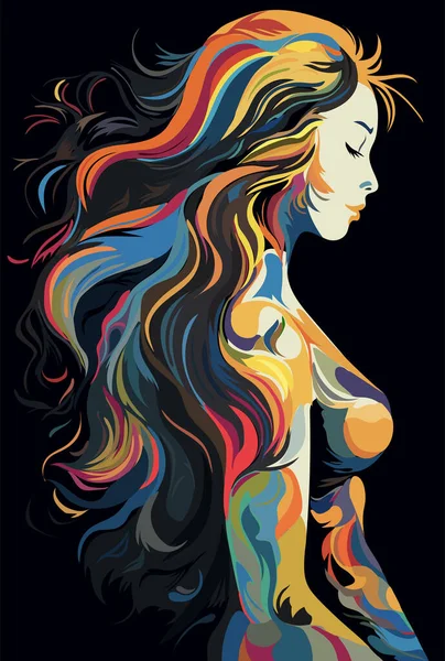 Silhouette Girl Long Curly Hair Multi Colored Beautiful Long Wavy — Stock Vector