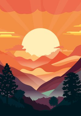 Tepeler ve dağlar arasında gün batımı, vadiler ve ışıklar, dağ manzarasının şekilleri ve siluetleri. Vektör