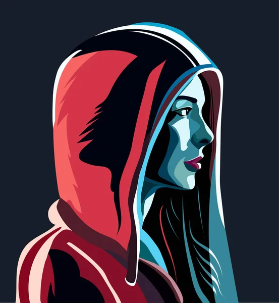 Девушка Красном Капюшоне Огни Синие Отражения Ночью Вид Сбоку Ночная — стоковый вектор