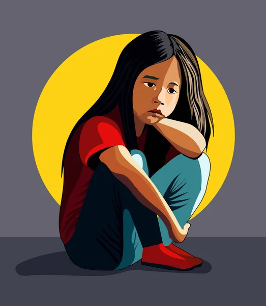 Barnmisshandel Sociala Problem Mobbning Liten Flicka Med Korsade Ben Gråtande — Stock vektor