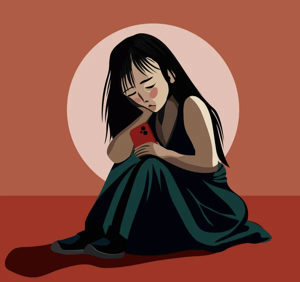 Gadis Sedih Duduk Bullying Masalah Jejaring Sosial Intimidasi Digital Masalah - Stok Vektor