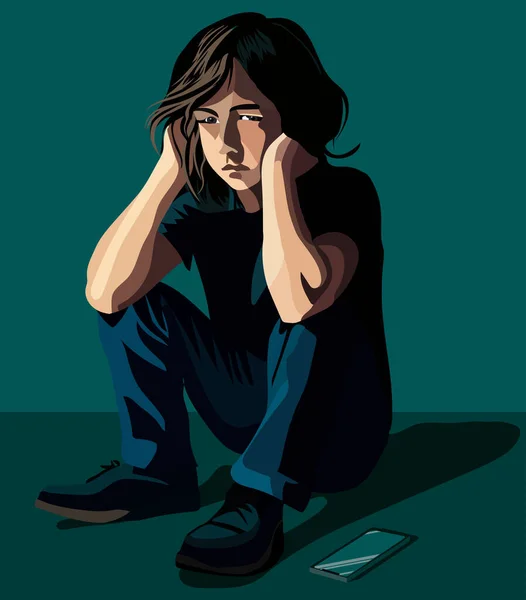 Sad Boy Sitting Bullying Problem Social Network Digital Bullying Problems — Stock Vector