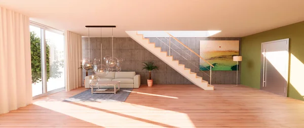 Internal view of an open space with staircase and windows, large size, modern and contemporary style. Luxury houses. Natural light. Living room. Architecture and projects. Ecological house and sustainable solutions. 3d rendering