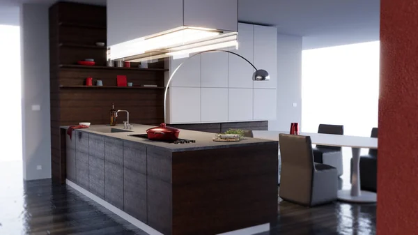 Blick Auf Eine Moderne Kücheneinrichtung Ofen Und Möbel Mit Tisch — Stockfoto