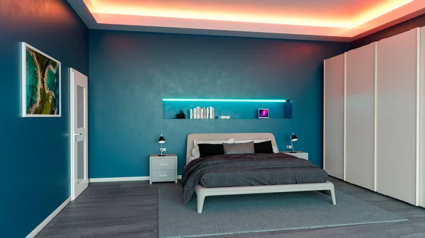 Blick Auf Eine Moderne Schlafzimmereinrichtung Möbel Mit Bett Und Kleiderschrank — Stockfoto