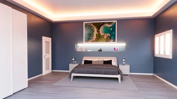 View of a modern bedroom interior furniture. Furniture with bed and wardrobe. Interior architecture, project. Ceiling illuminated by internal lights. 3d rendering